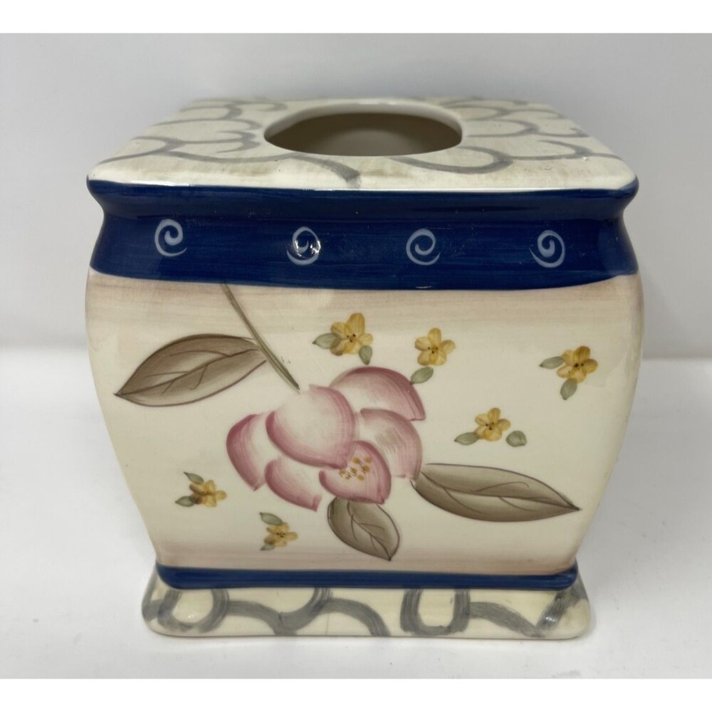 Vintage Home Interiors Magnolia Ceramic Square Tissue Cover Pink Blue Floral